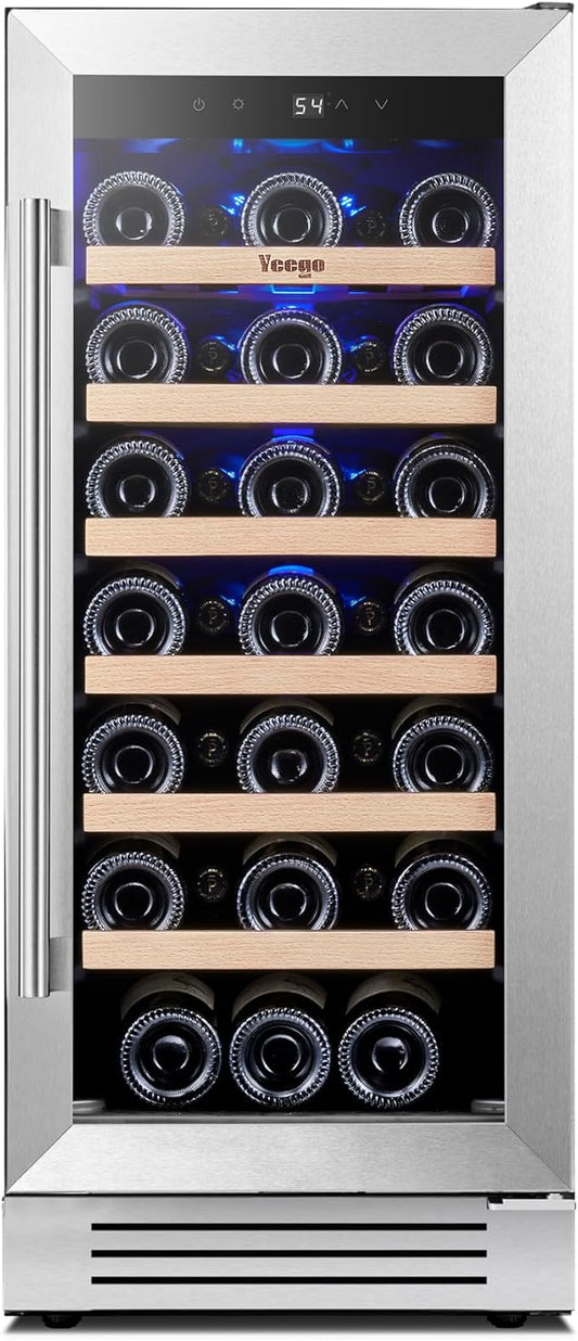 Yeego Wine Fridge – 15 Inch 33 Bottle Wine Cooler Refrigerator with Glass Door, 40-65℉ Touch Control, Built-In or Freestanding, Ideal for Home Bar & Kitchen