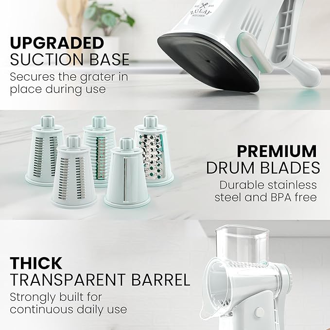 Zulay Kitchen Rotary Cheese Grater 5 Blade Cheese Shredder - Manual Hand Crank Cheese Grater With Reinforced Suction & 5 Interchangeable Drums - Easy to Use, Vegetable Chopper Round Mandoline Slicer