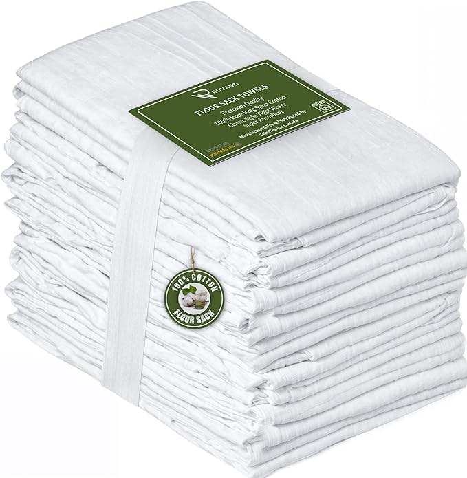 RUVANTI Flour Sack Towels 12 Pack 28 x 28 Inches, Ring Spun 100% Cotton Dish Towel, Machine Washable, Absorbent - Flour Sack Kitchen Towels for Drying and Cleaning - White