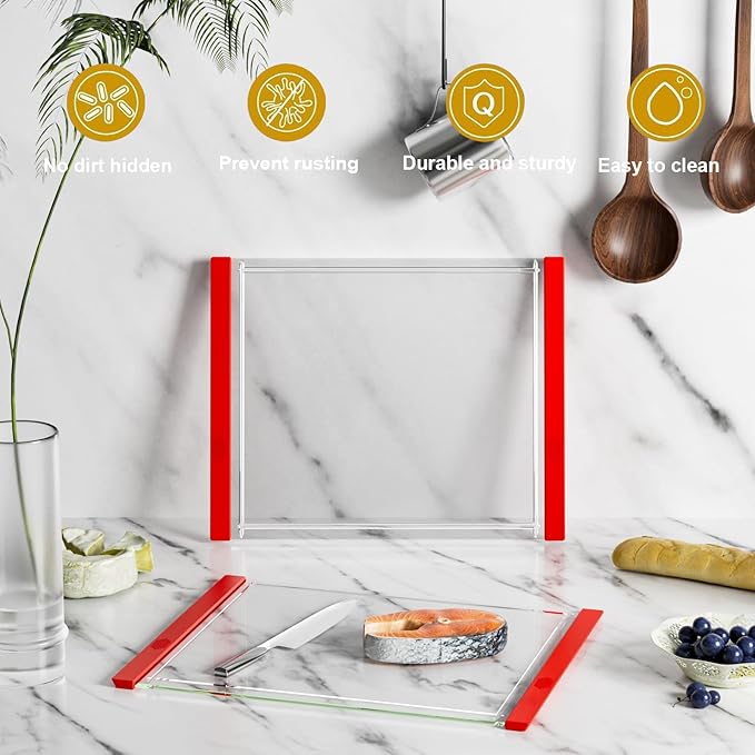 Tempered Glass Cutting Board with Juice Groove - 16x12 Inch Kitchen Cutting Board with Silicone Non-Slip Feet, Easy to Clean & Dishwasher Safe - Ideal for Vegetables, Fruits, Bread, Meats (Red)