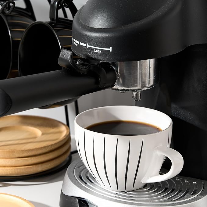 LUKA Ceramic Demitasse Espresso Cups Set with Saucers and Metal Stand, 8 oz Porcelain Cappuccino Cups Teacup For Tea, Espresso, Latte, Coffee, Cafe Mocha, Set of 4, Stripe White & Black