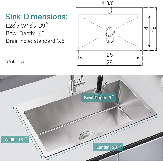 28 inch Drop-in Kitchen Sink, Topmount Kitchen Sink Single Bowl 304 Stainless Steel, 9 Inch Deep Handmade Overmount Sink with Strainer