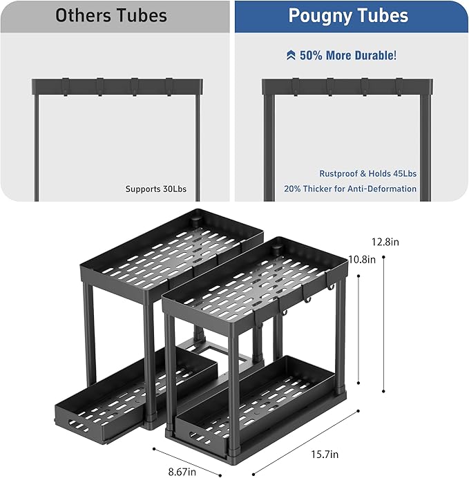 2PC Under Sink Organizer Rack 2 Tier Under Sliding Cabinet Basket Organizer Drawer with 4 Hooks, Multi-purpose Under Sink Storage for Bathroom Kitchen Desktop（Black）