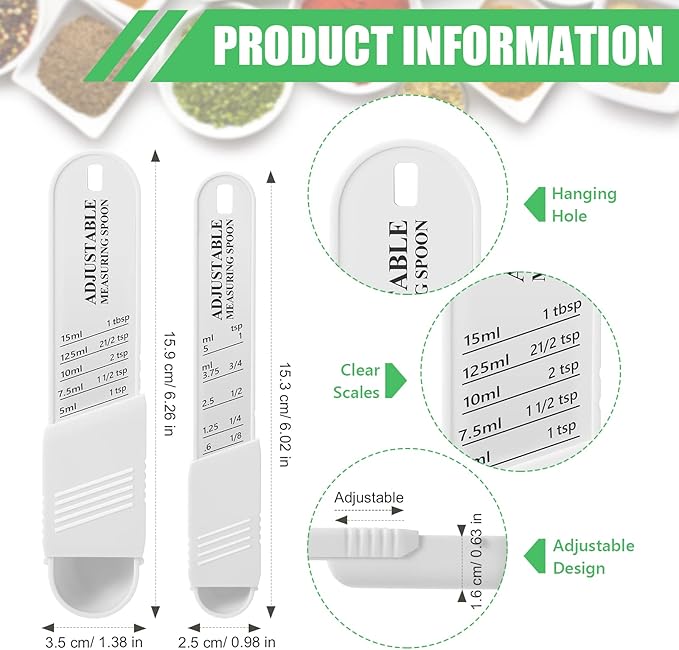 6 Pcs Adjustable Measuring Spoon Plastic Tablespoon and Teaspoon Set Baking Cooking Spoon Set for Chef Measuring Metering Kitchen Dry Liquid Ingredients Powder, 2 Sizes(White)