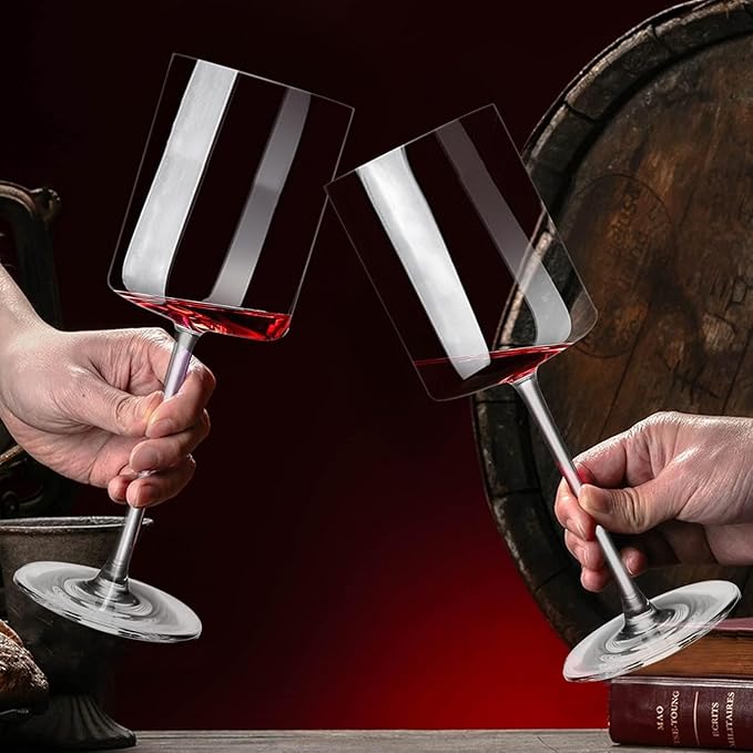 SANZO Square Crystal Wine Glasses Set of 2, Handmade Modern Red and White Wine Glasses, 15oz Tall Stemware for Home, Bar, or Gift Use(2PCS)