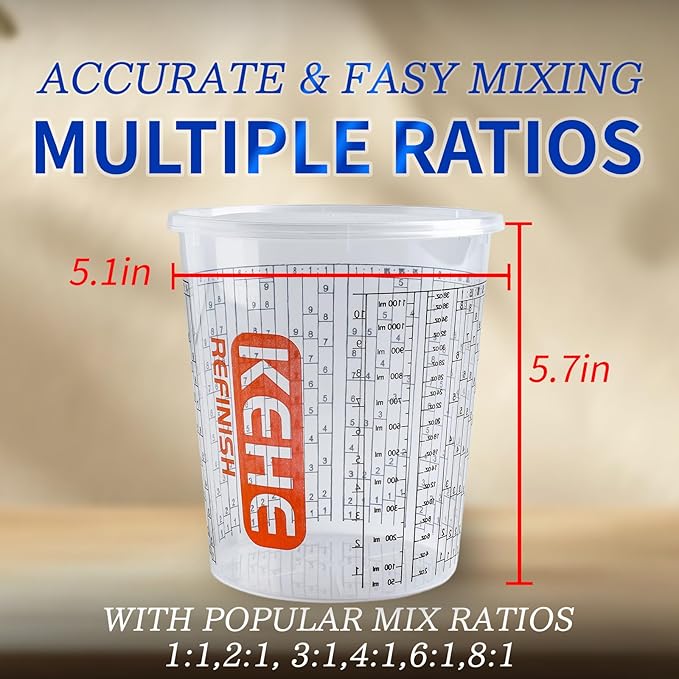 60 PACK Paint Mixing Cups by KEHE REFINISH,38 oz (1100ml),Disposable or Reusable Plastic Measuring Cups with Lids for Liquids, Paints, Resin, Epoxy, Art,Ratios 1:1,2:1, 3:1, 4:1,5:1,6:1,7:1,8:1