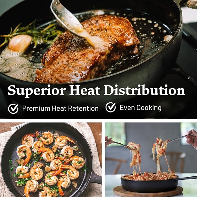 Flambo 12 Inch Smooth Cast Iron Skillet - Naturally Non-Stick, Pre-Seasoned Frying Pan, Smooth Finish for Grilling, Frying, Sauteing, Searing, Baking - Use on Oven, Stove, Grill, or Campfire