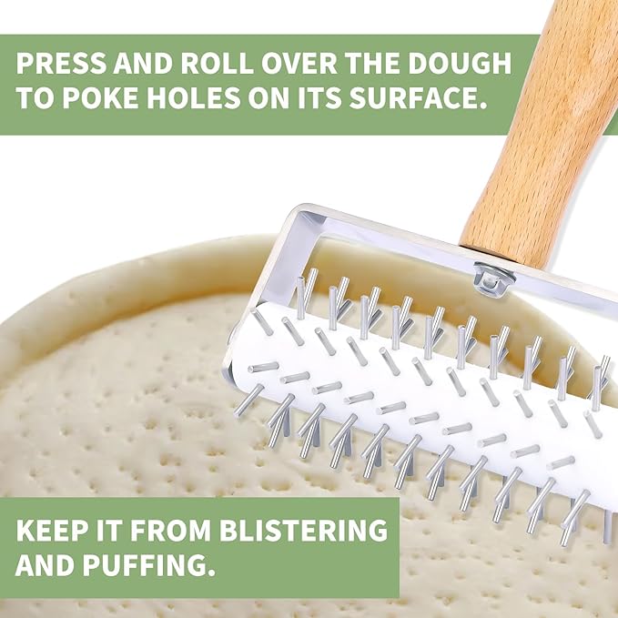 Pizza Dough Docker, Professional Dough Roller with Wooden Handle, Sturdy Pizza Docking Tool that Prevents Dough from Blistering, Time-Saver for Making Pizza Cookie Pie Pastry