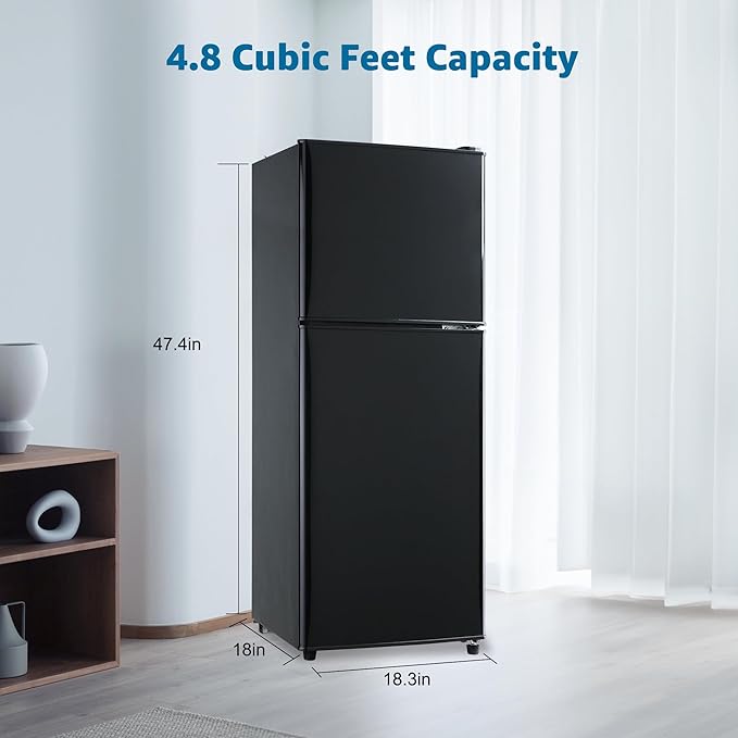 Mini Fridge with Freezer 4.8 Cu. Ft 2 Door Refrigerator, Dorm Fridge with 7 Adjustable Thermostat & Shelves, Compact Mini Refrigerator Freezer for RV, Kitchen, Office, Black