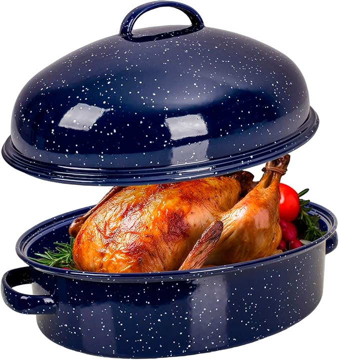 Roasting Pan with Lid and Rack 18" Dark Blue and White Speckled Design Large Oval Enamel Roast pan,Perfect for Thanksgiving Christmas Parties and Dinner Gatherings with Mesh Frame Gift Packaging