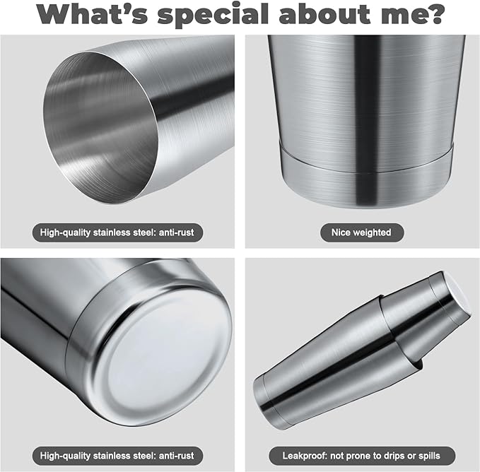 Lallisa 10 Pieces Cocktail Shakers Professional Bar Boston Shaker Set Stainless Steel Martini Shaker Drink Mixer Basic Tools Weighted Shake Metal Can for Bartenders, 18 Oz, 28 oz(Sanding Silver)