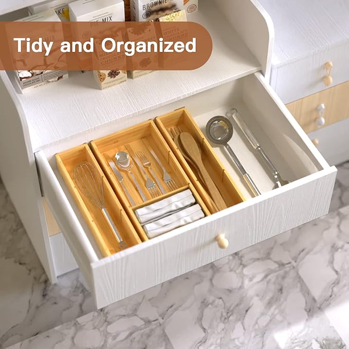 Bamboo Drawer Organizer 12.5'' X 12.5'' X 2'', Adjustable 3 Individual Junk Drawer organizer for Bathroom and Kitchen, Wood Drawer Tea Organier Boxes for Silverware, Make up and Tea Bag