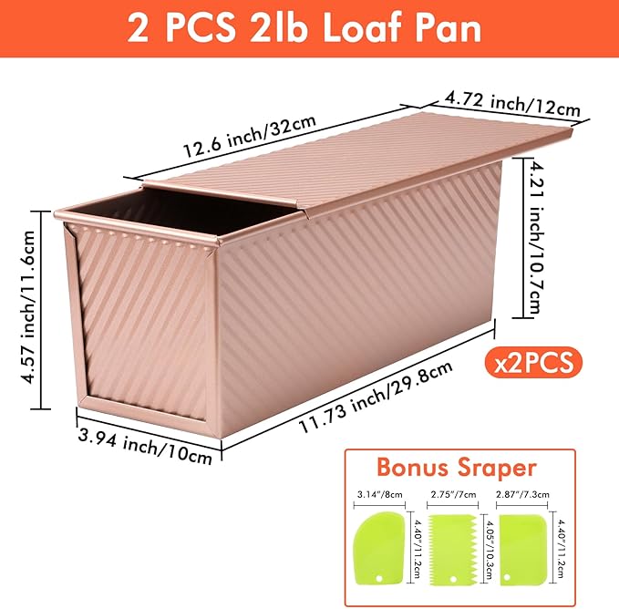 Beasea Pullman Loaf Pan with Lid, 2 Pack 2 lb Large Bread Loaf Pans 12x4inch Nonstick Carbon Steel Toast Box with Dough Scraper Set for Homemade Bread Bakeware Oven Baking - Rose Gold