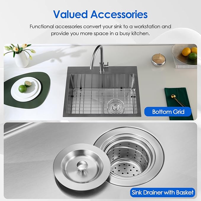 Kitchen Sink, 24x18 Inch Drop in Sink, Commercial Grade 304 Stainless Steel Kitchen Sink, Centre-Offset Drain, 9" Deep Single Bowl Kitchen Sinks, Brushed(Inclued Drain Strainer & Bottom Grid)