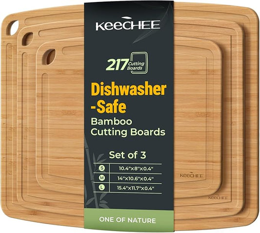 Dishwasher Safe Bamboo Cutting Boards Durable Lightweight Wood Cutting Board for Busy Kitchen, Easy Clean Wooden Chopping Boards with Juice Groove Set of 3 (L+M+S)