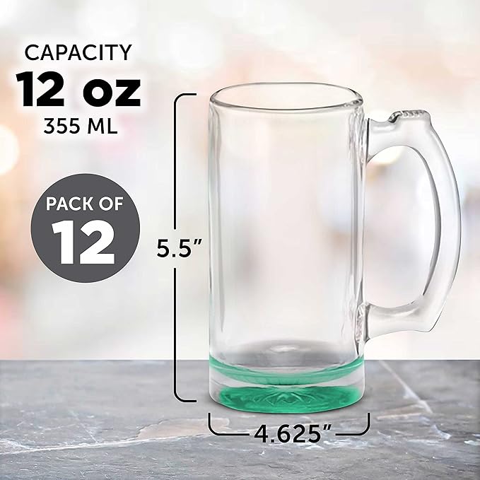 12 Libbey Beer Mugs Set, 12 oz. - Groomsmen Glassware - Green