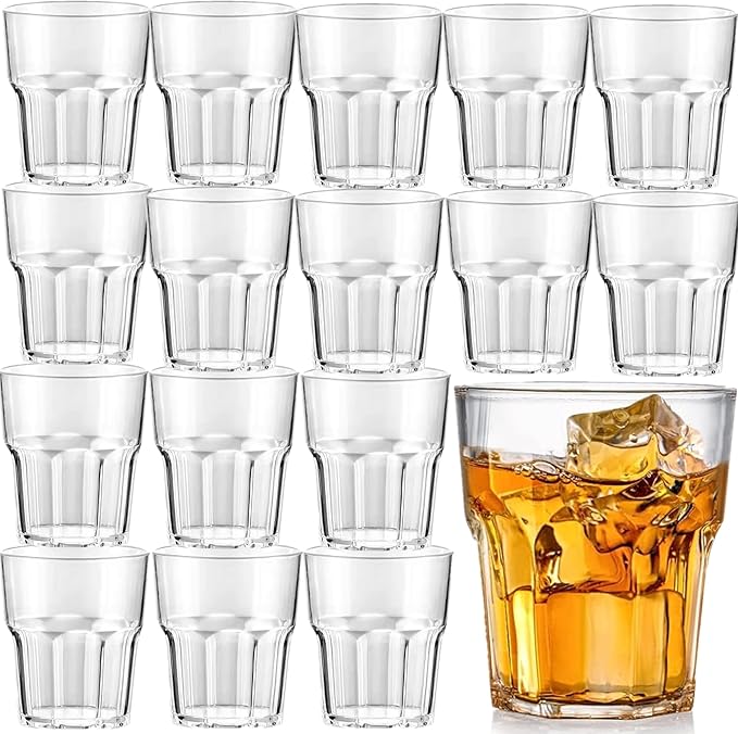 16 Pack 8 oz Plastic Drinking Glasses, BPA Free Unbreakable Juice Cups, Stackable Clear Beverages Iced Hot Tea Glassware for Cocktail, Soda Beer Tumbler Cup Dishwasher Safe