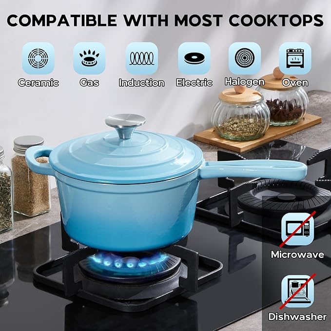 Onader 2 Quart Enameled Cast Iron Saucepan, Small Cast Iron Sauce Pan Pot for Cooking, Enamel Dutch Oven Kitchen Pot – Lake Blue