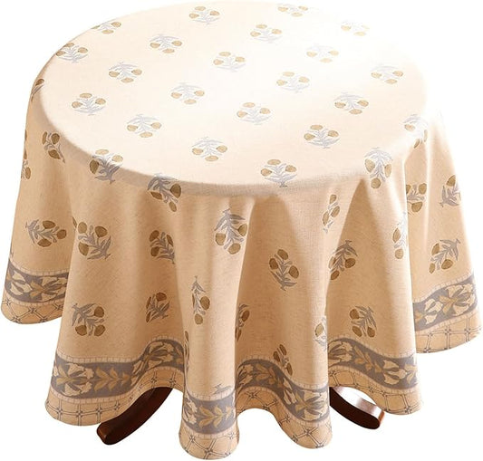 patdrea Designer Beige Tablecloth for Round Tables,Vintage Linen with Yellow Flowers Pattern Tablecloths,Rustic Floral Table Cover Cloth Decor for Kitchen Dining Christmas,Diameter 55"