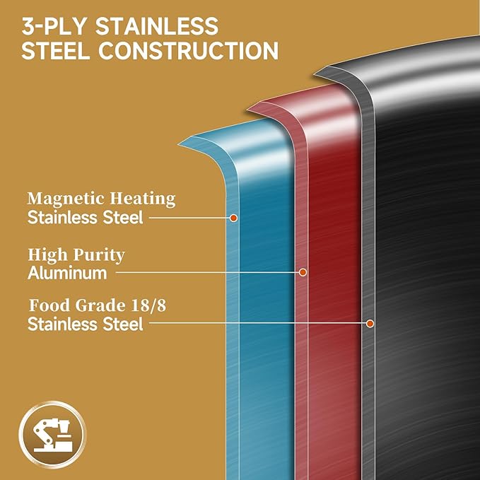 Inqibee 10 Inch Tri-Ply Stainless Steel Frying Pan with Lid,Skillet,Induction Cooking Pan,Heavy Duty and Dishwasher Safe,Detachable Handle