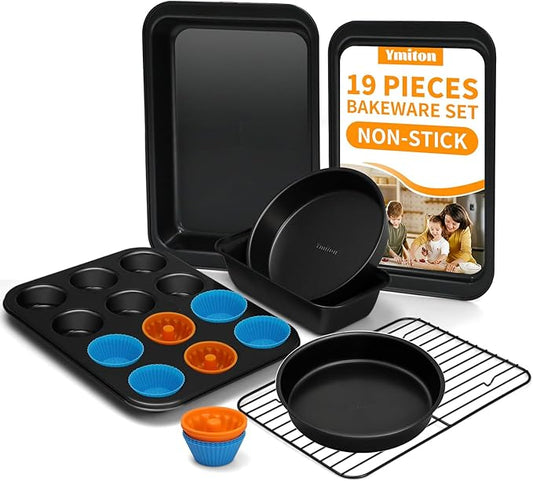 Nonstick Baking Pans Set, 19 PCS Stackable Bakeware Sets, Oven Pan Set Includes Baking Tray, Cookie Sheet, Cake Pans, Loaf Pan, Muffin Pan, Silicone Cups