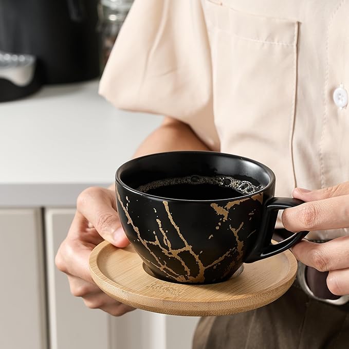 LUKA Ceramic Demitasse Espresso Cups Set with Saucers and Metal Stand, 8 oz Porcelain Stackable Cappuccino Cups Teacup For Tea, Espresso, Latte, Coffee, Cafe Mocha, Set of 4, Black