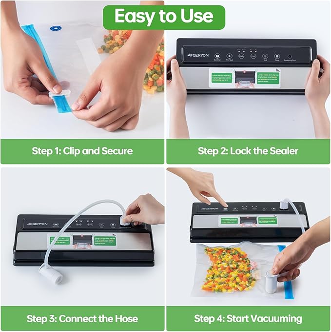 GERYON Vacuum Sealer Machine – Automatic Food Vacuum Sealer for Dry & Moist Food, Compact with LED Touch Panel, Includes Zipper Bags & Roll, Perfect for Sous Vide & Freezer Storage (Silver)