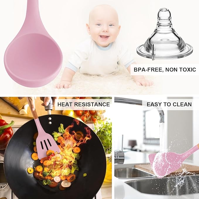 MIBOTE Silicone Cooking Kitchen Utensils Set with Holder, Wooden Handles BPA Free Silicone Turner Tongs Spatula Spoon Kitchen Gadgets Utensil Set for Nonstick Cookware (Pinky)