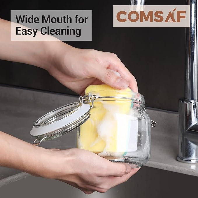 ComSaf 25oz Airtight Glass Canisters with Lids Set of 6, Square Food Storage Jar Container with Clamp Lids for Kitchen Canning Cereal Coffee Pasta Sugar Beans Spice, Clear Mason Jars with 12 Labels