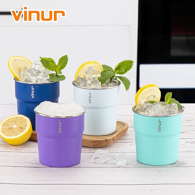VINUR 8 oz Stainless Steel Cups Tumbler Stackable Metal Drinking Glasses for Travel, Camping, Outdoors, 4 Pack (Baby Blue-Navy-Teal-Purple)