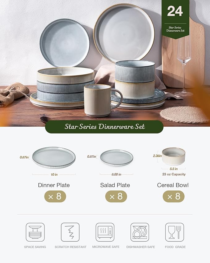 Famiware Star Dinnerware Set, Plates and Bowls Sets for 8 (24pcs), Ribbed Stoneware Dishes - Chip & Scratch Resistant, Microwave & Dishwasher Safe, Multicolor - Cappuccino White & Smoky Blue