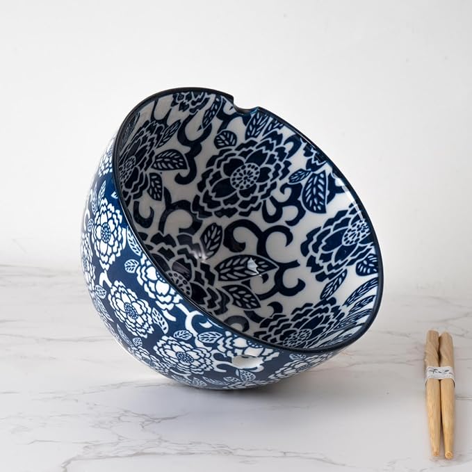 Urban Tokyo Porcelain Japanese Motif Design Ramen Udon Noodle Rice Bowl With Chopsticks 20 fl oz 6 inch Diameter Bowl Sets Color Box Packaging (Botan Peony Flower)