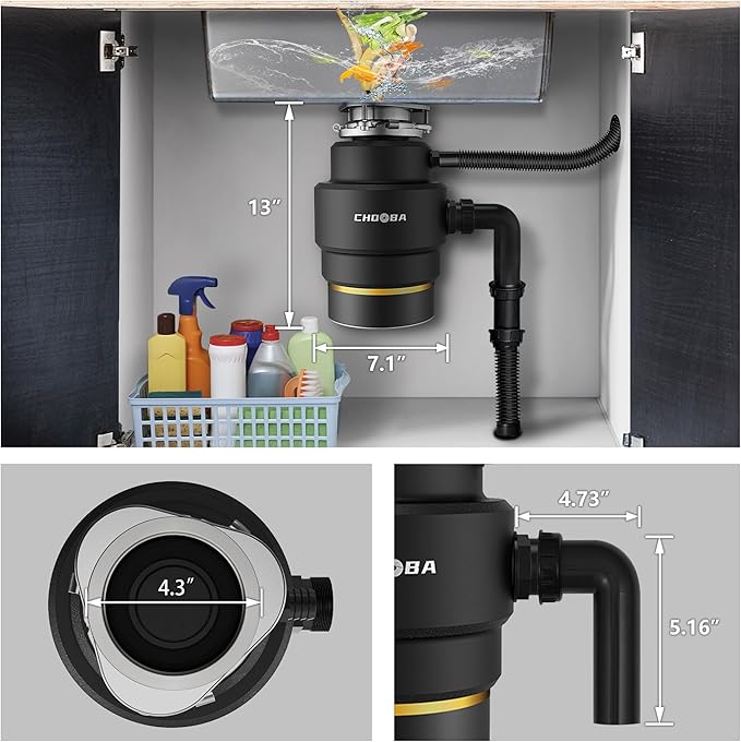 Garbage Disposal 3/4 HP, Food Waste Disposal Continuous Feed, Kitchen Garbage Disposal with Dishwasher Connection & Plug, Power Cord Included, Matte Black