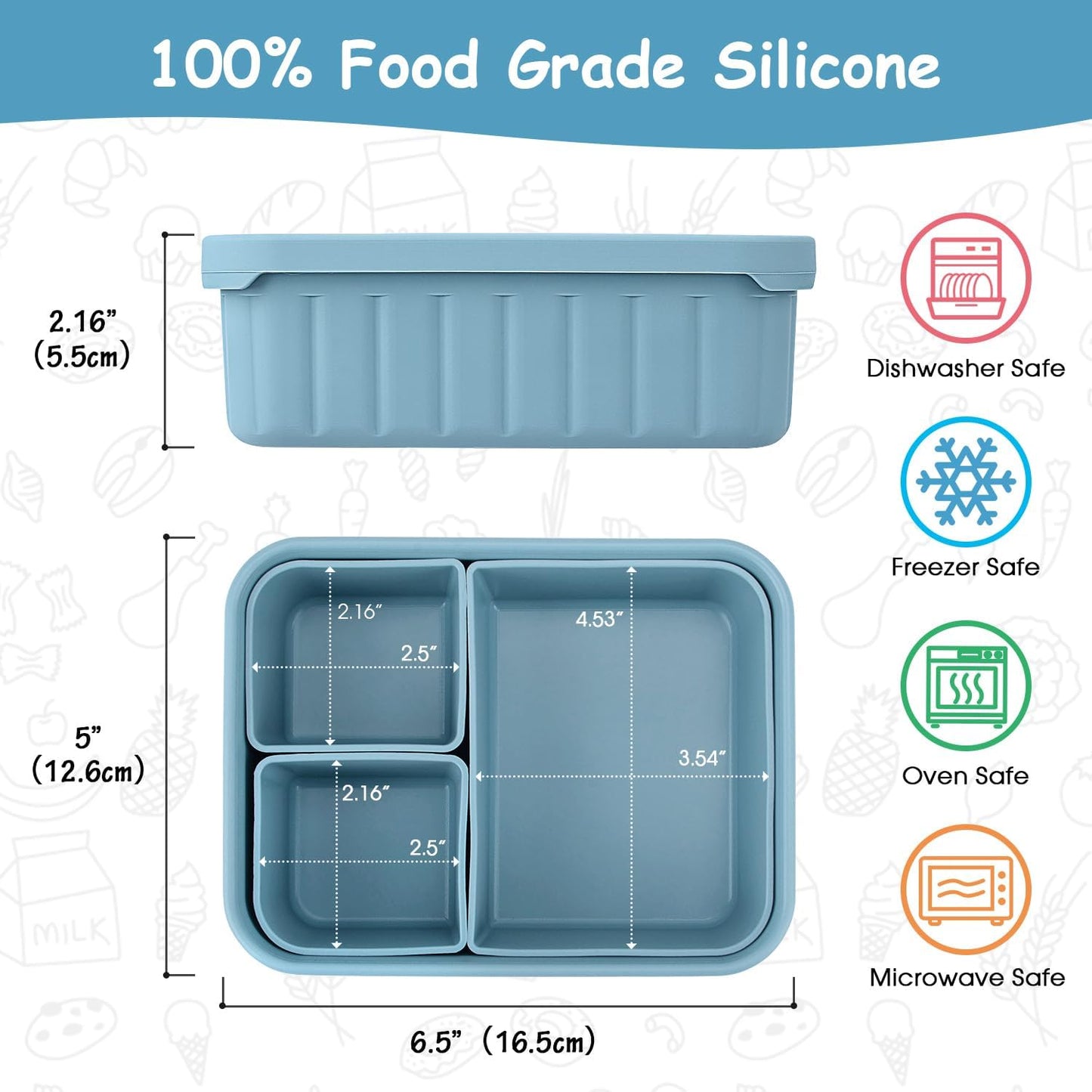 Bento Lunch Box for Kids-Reusable Silicone Kids Bento Box Lunch Container Leakproof Lunchbox Meal Prep Food Storage Containers with 3 Removable Compartments–Dishwasher Safe/BPA Free/Portion Control