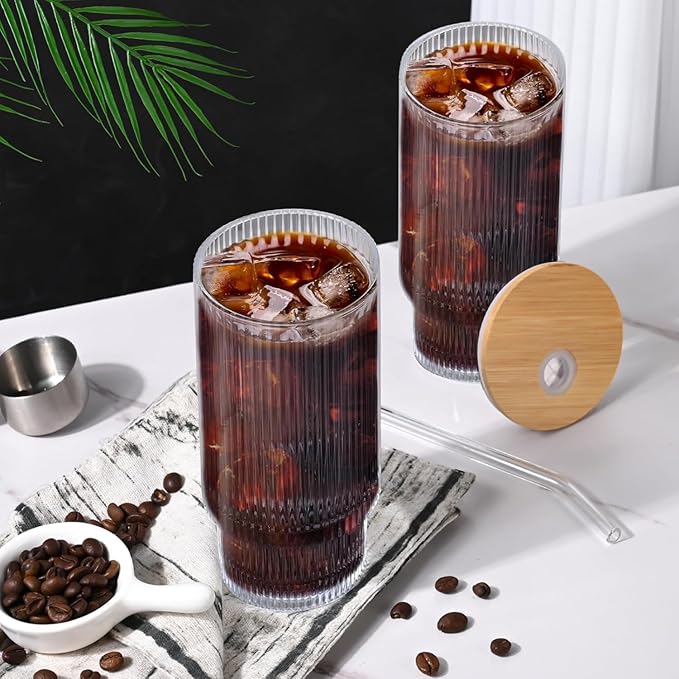 16OZ Ribbed Glass Cups with Lids and Straws,Iced Coffee Cups with Lid,Vintage Glassware for Whiskey Cocktail Beer Fruit Juice Glasses Tumbler(1Pack)