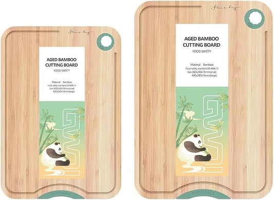 Aged Bamboo Cutting Board for Kitchen, Double-Sided Reversible with Juice Groove, Thick Durable, Standing Design for Fruits Meat Vegetables, Set of 2