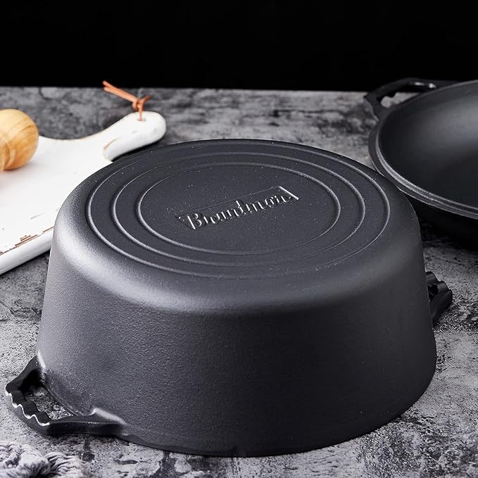 Bruntmor Pre-Seasoned Cast Iron Double Dutch Oven with Skillet Lid - 7 Quart All-in-One Casserole and Braising Pan - Heavy Duty and Oven Safe Black Cookware for Versatile Cooking - 14.7 x 6.9 Inches
