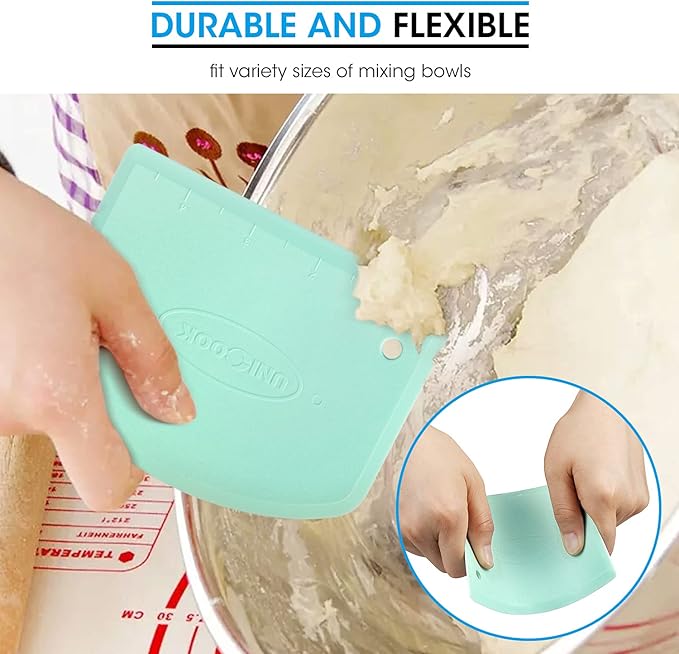 Unicook Dough Scraper, Flexible Bowl Scraper, Nonslip Bench Cutter with Measurement, Pastry Chopper, Multipurpose Kitchen Tool for Dough, Pastry, Pizza, Bread, Baking, Cake and More, 2 Pack