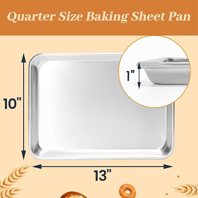 6 Pack Quarter Size Baking Sheet Pans, Aluminum Commercial Cookie Sheets Non-Stick, 13"x10"