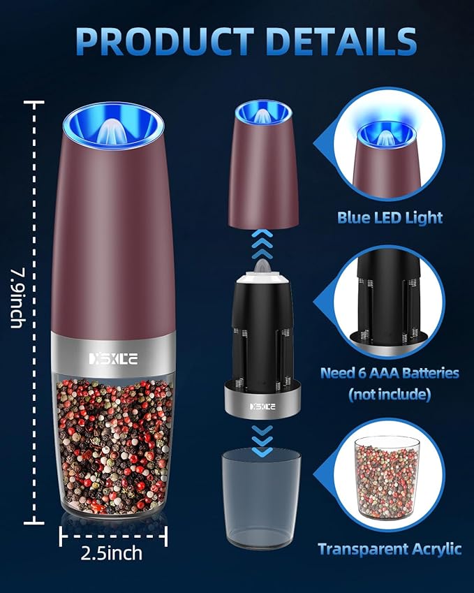 XinXu Gravity Electric Pepper Grinder, Salt or Pepper Mill & Adjustable Coarseness, with LED Light, One Hand Automatic Operation (Set/RoseRed)