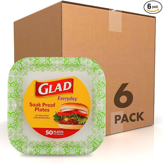 Glad Square Disposable Paper Plates, Green Victorian Pattern - Strong, Sturdy, Soak Proof, and Microwavable Decorative Plates for Dinner and Everyday Use, 10 Inch, 50 Count - 6 Pack