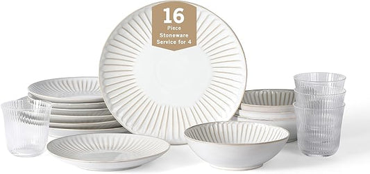 Stone Lain Linea 16-Piece Dinnerware Set Stoneware, Soda Lime Glass, White