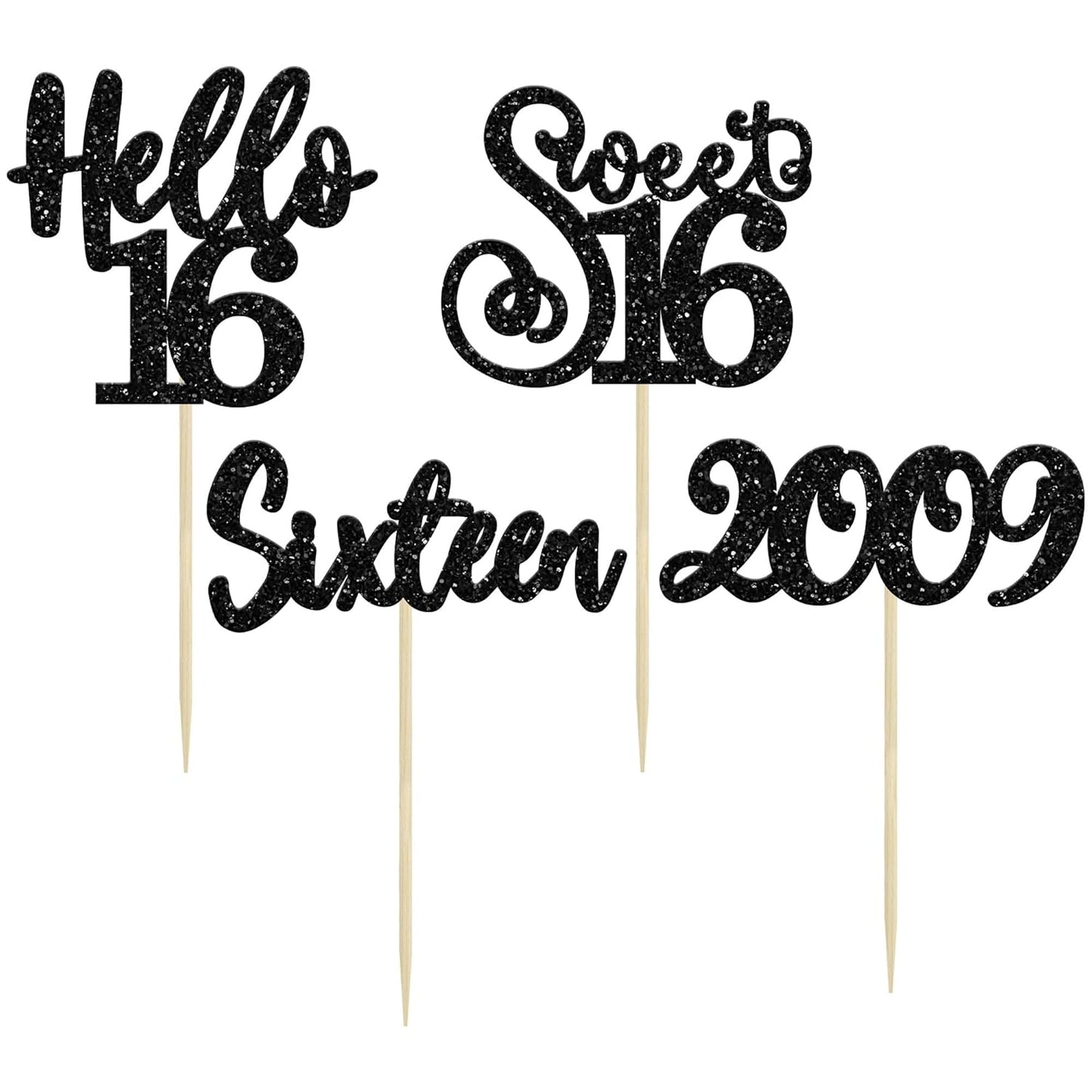 Gyufise 24Pcs Happy 16th Birthday Cupcake Toppers Glitter Hello 16 Sweet 16 Cupcake Picks 2009 Sixteen Old Birthday Cake Decorations for 16th Birthday Anniversary Party Supplies Black