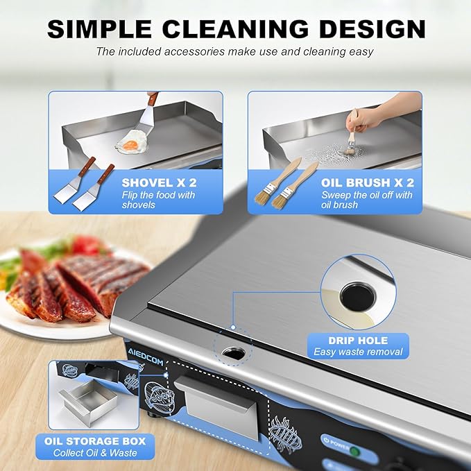 22 Inch Commercial Electric Griddle, Countertop Griddle with Non-stick Flat Top Grill, Stainless Steel Kitchen 2500W Electric Griddle for Home or Restaurant