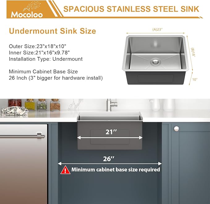 Mocoloo 23 Inch Undermount Kitchen Sink - 23x18 Inch Stainless Steel Kitchen Sink Under Mount 16 Gauge Single Bowl Handmade Basin, 10 Inch Deep