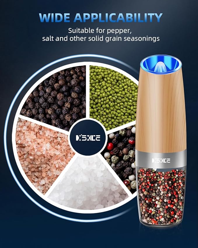 XinXu Gravity Electric Pepper Grinder, Salt or Pepper Mill & Adjustable Coarseness, with LED Light, One Hand Automatic Operation (Set/WoodGrain)