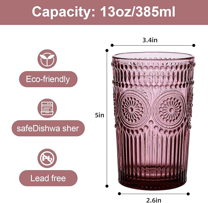 Vintage Glassware Drinking Glasses Set of 6,13 oz Purple Textured Flower Design Glass Water Tumblers，Embossed Striped Drinkware for Water,Cocktails,Juice,Iced Coffee