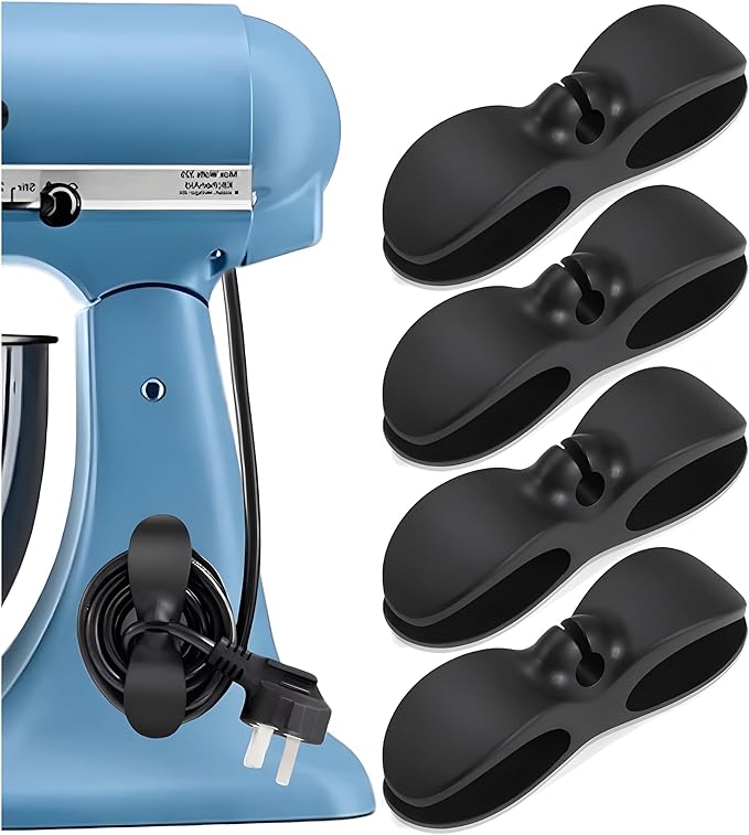 4 Pack Upgraded Cord Organizer for Kitchen Appliances with Self Adhesive Mount - Stick On Cord Organizer for Appliances, Cable Cord Holder Cord Winder for Blender, Mixer, Toaster, Air Fryer (Black)