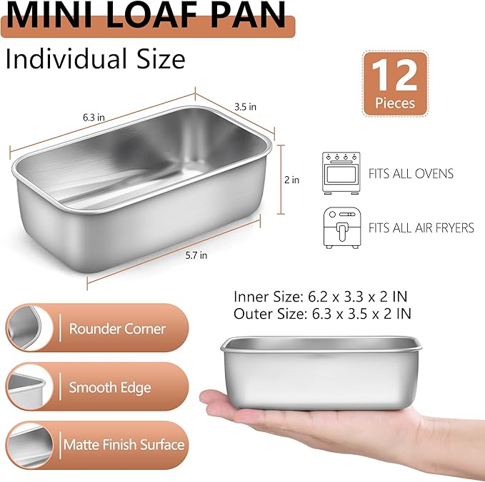 LIANYU 12 Pack Mini Loaf Pan for Baking Bread, 6.3 x 3.5 Inch Stainless Steel Small Bread Loaf Pan for Homemade Meatloaf, Tin Loaf Baking Pan Perfect for Banana Sourdough Sandwich, Dishwasher Safe
