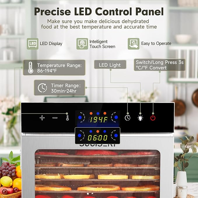 SUCISENI Food Dehydrator Machine 1000W 18 Trays Stainless Steel Commercial Food Dehydrated Dryer with 24H Timer Touch-Control LED Display, Compact Size for Home Jerky Herbs Meat Beef Fruit Vegetables